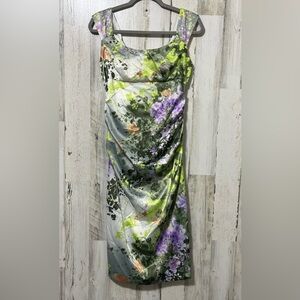 London Style Floral Satin Ruched Dress in Purple and Green